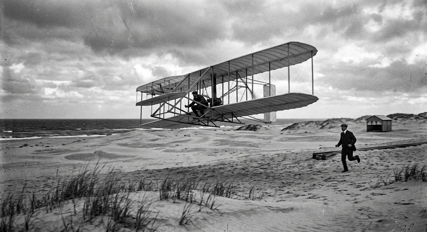The Wright brothers' glider taking flight over the dunes
